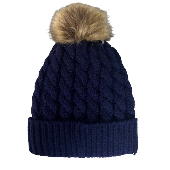 Just Cozy Knit Hat Bonnet Blue Pom Pom  Ball Cable Knit Thermal Lining OS New - Picture 2 of 9